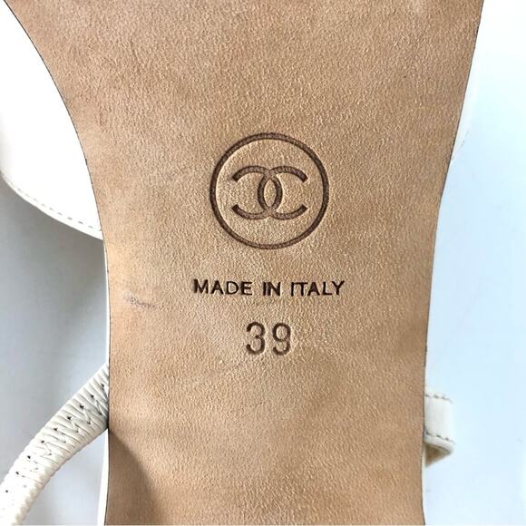 Chanel Interlocking CC Beige Glazed Calfskin Cap Toe Slingback Heeled Pumps 39 - Picture 13 of 14